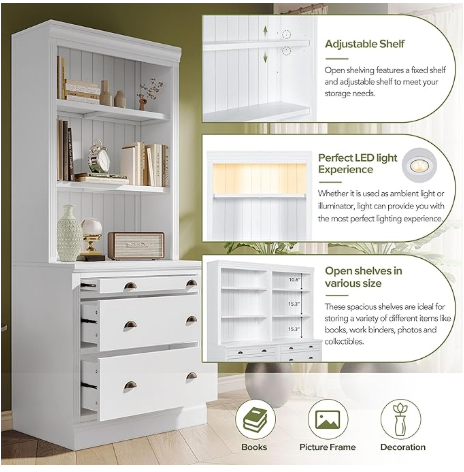 Bookshelf with Two Corner Shelf Suites, 83.4"Tall, With 3 Drawers and Open Shelves, 5-Tier Corner Open Shelves, With LED Lighting, For Living Room, Office - White