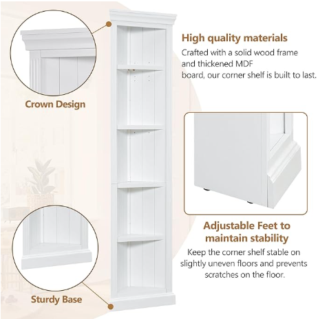 Bookshelf with Two Corner Shelf Suites, 83.4"Tall, With 3 Drawers and Open Shelves, 5-Tier Corner Open Shelves, With LED Lighting, For Living Room, Office - White