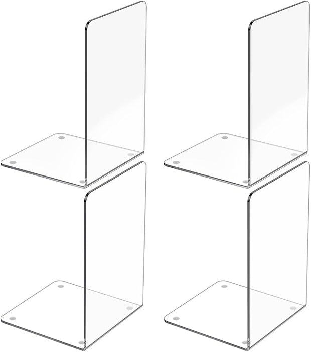 Acrylic Bookends 4 Pcs, Clear Book Ends for Shelves, Book Stoppers for Heavy Duty Books, CD, File, Video Games