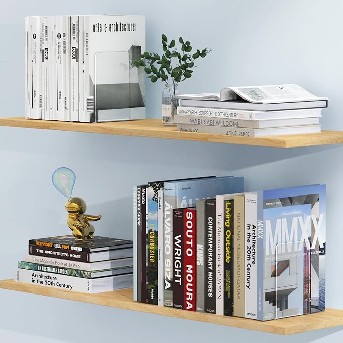 Acrylic Bookends 4 Pcs, Clear Book Ends for Shelves, Book Stoppers for Heavy Duty Books, CD, File, Video Games