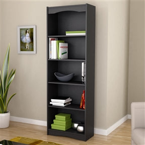Contemporary 5-Shelf Black Bookcase with Curved Accents