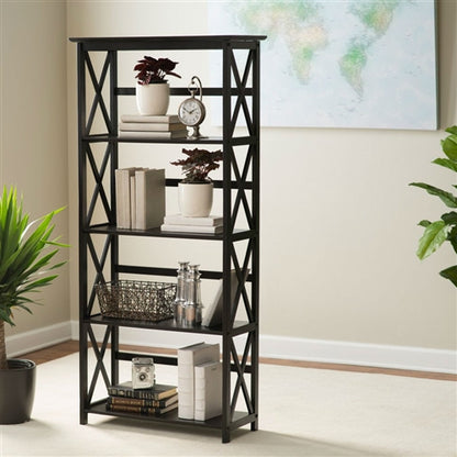 Tall 5-Tier Black Wood Bookcase for Modern Storage