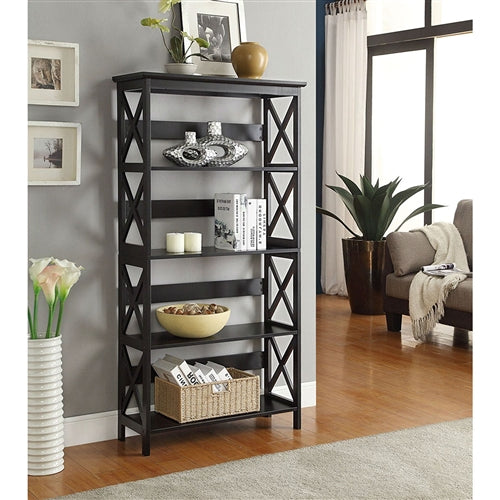Glossy Black 5-Shelf Modern Bookcase with Sleek Finish