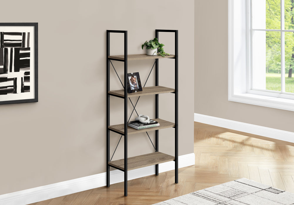 Bookshelf, Bookcase, 4 Tier, 48"H, Office, Bedroom, Brown Laminate, Black Metal, Contemporary, Modern