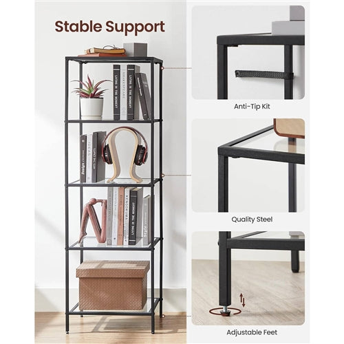 Black 4-Shelf Glass Bookcase | Metal Frame Shelving