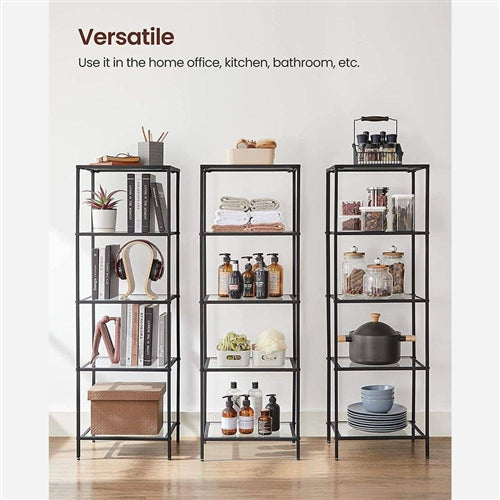 Black 4-Shelf Glass Bookcase | Metal Frame Shelving