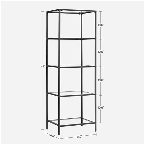 Black 4-Shelf Glass Bookcase | Metal Frame Shelving