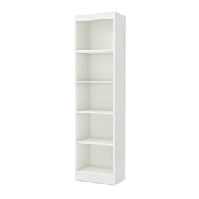 5-Shelf Narrow Bookcase in White Wood Finish for Storage