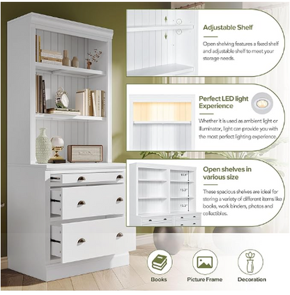 Bookshelf with Two Corner Shelf Suites, 83.4"Tall, With 3 Drawers and Open Shelves, 5-Tier Corner Open Shelves, With LED Lighting, For Living Room, Office - White
