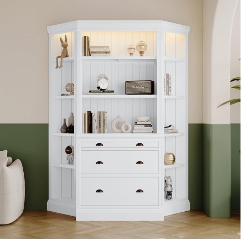 Bookshelf with Two Corner Shelf Suites, 83.4"Tall, With 3 Drawers and Open Shelves, 5-Tier Corner Open Shelves, With LED Lighting, For Living Room, Office - White