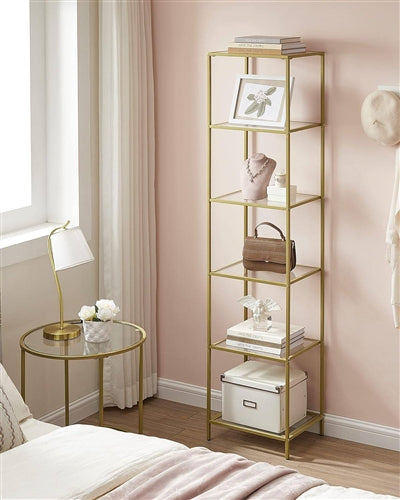 Narrow Gold Glass Shelf Bookcase | Storage Unit
