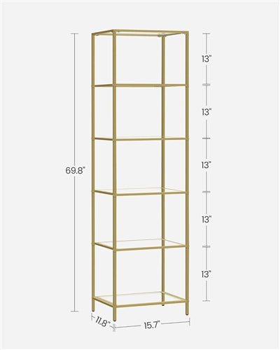 Narrow Gold Glass Shelf Bookcase | Storage Unit