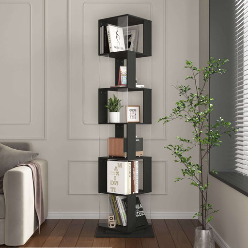 6 tier Rotating Bookshelf, Floor Rack Simple Bookcase with Acrylic plate Student Multi-Function Creative Bookshelf for Living Room with anti-toppling base