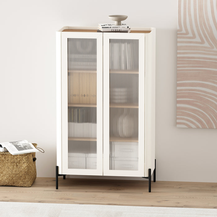 Abbey Modern 32" Tempered Glass Bookcase Cabinet in Maple and Off White (4-Shelf)