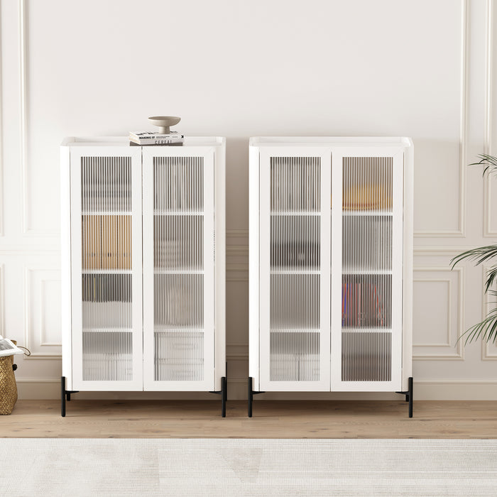 Abbey Modern 32" Tempered Glass Bookcase Cabinet in White (4-Shelf) - Set of 2