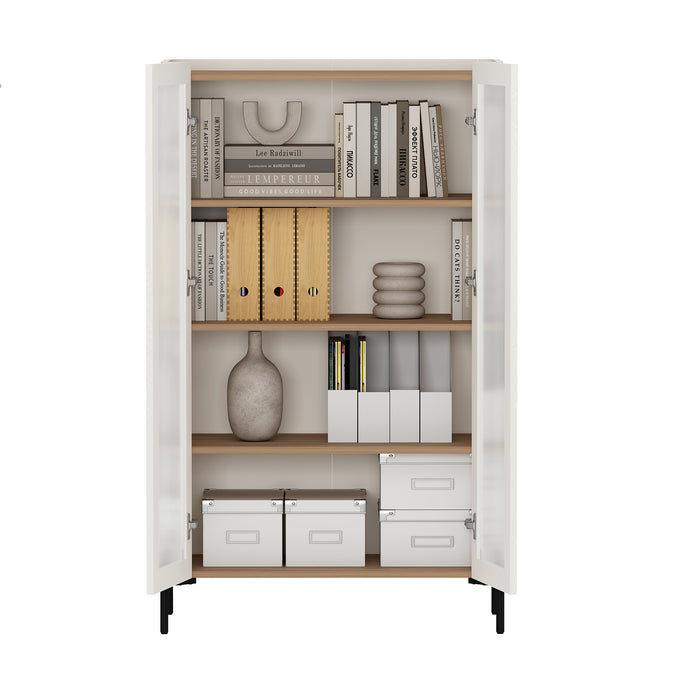 Abbey Modern 32" Tempered Glass Bookcase Cabinet in Maple and Off White (4-Shelf)