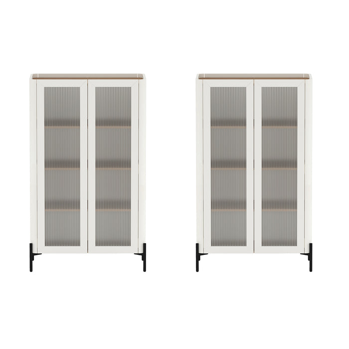 Abbey Modern 32" Tempered Glass Bookcase Cabinet in Maple and Off White (4-Shelf) - Set of 2