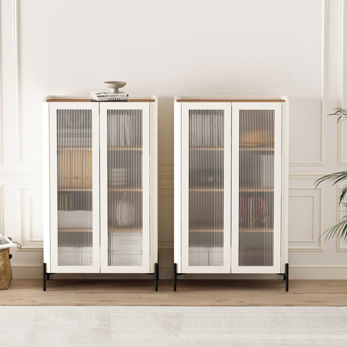 Abbey Modern 32" Tempered Glass Bookcase Cabinet in Maple and Off White (4-Shelf) - Set of 2
