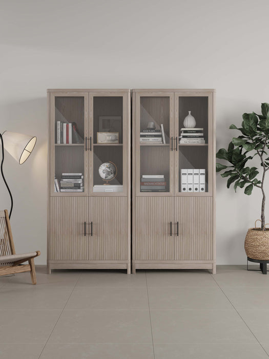 Jodie Mid-Century Modern 31" Bookcase Cabinet in Whitewashed Oak (6-Shelf) - Set of 2