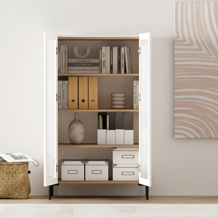 Abbey Modern 32" Tempered Glass Bookcase Cabinet in Maple and Off White (4-Shelf) - Set of 2
