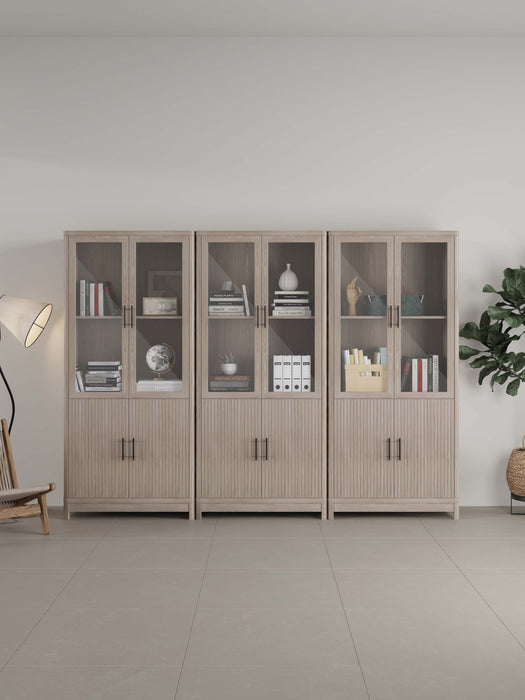 Jodie Mid-Century Modern 31" Bookcase Cabinet in Whitewashed Oak (6-Shelf) - Set of 3